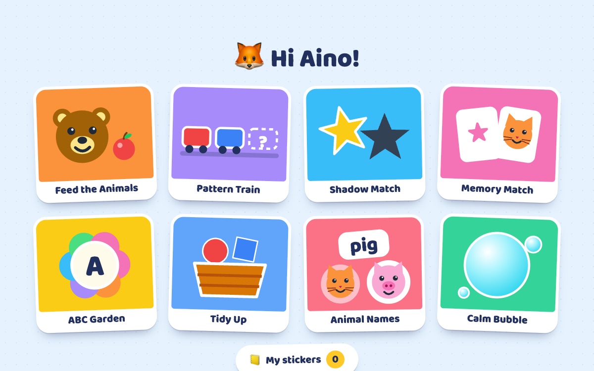 The Preschool Learning Games home screen: big colourful game tiles for counting, patterns, shapes and a calm bubble